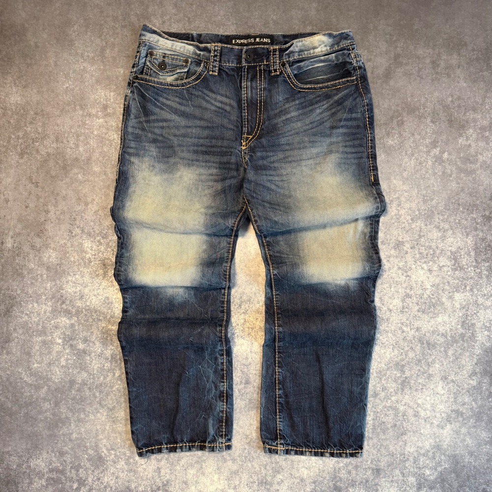 Express Jeans Blake Loose Fit Boot Cut Mens 36x34 Blue Distressed Heavy Stitch